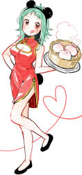1girl :q bamboo_steamer black_shoes blush breasts china_dress chinese_clothes cleavage cleavage_cutout clothing_cutout dress facial_mark food green_hair gumi heart holding holding_tray kashi-k looking_at_viewer medium_breasts red_eyes shoes short_dress side_slit simple_background sleeveless sleeveless_dress solo sparkle standing steamed_bun tongue tongue_out tray vocaloid whisker_markings white_background