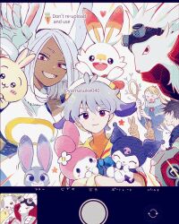 &gt;_&lt; 3boys 5girls :3 :d ^_^ animal_ears animal_nose artist_name black_hair blonde_hair blue_bow blue_capelet blue_robe blush_stickers body_fur boku_no_hero_academia bow bowtie capelet character_request chiikawa closed_eyes closed_mouth copyright_request creature_on_head crossover daifuku_(precure) dark-skinned_female dark_skin demon_tail dungeon_meshi fake_phone_screenshot fake_screenshot flower fur_collar furry furry_female furry_male fushiguro_megumi gen_8_pokemon goggles goggles_on_head grey_fur grey_hair grin heart heattech_leotard holding holding_staff judy_hopps jujutsu_kaisen king_kazma kuromi leaning_forward leotard long_hair long_sleeves looking_at_viewer marcille_donato mirko multiple_boys multiple_crossover multiple_girls my_melody nintendo open_mouth orange_shirt pink_hood pokemon pokemon_(creature) precure rabbit rabbit_ears rabbit_girl red_eyes robe sailor_collar sanrio scorbunny shirt short_hair short_sleeves simple_background sleeveless_turtleneck_leotard smile staff star_(symbol) summer_wars sweat tail taking_picture toyama_daifuku trait_connection turtleneck twitter_username undershirt usagi_(chiikawa) white_background white_flower white_fur white_leotard wonderful_precure! yamasuke040 yellow_sailor_collar zootopia