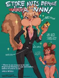 2girls absurdres animal_ears black_jacket black_pants black_suit blonde_hair blue_background breasts brown_eyes brown_fur brown_hair brown_shirt cellphone cleavage collared_shirt cum cum_in_mouth denim denim_shorts diforland english_text formal_clothes furry furry_female gradient_background hand_on_own_hip highres holding holding_phone jacket large_breasts long_hair looking_at_viewer mouse_ears mouse_girl mouse_tail multiple_girls nail_polish no_nut_november open_mouth original pants phone pink_shirt puffy_cheeks shirt shorts smartphone sparkle squirrel_girl squirrel_tail suit suit_jacket tail teeth torn_clothes torn_shirt torn_shorts upper_teeth_only