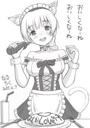 1girl alternate_costume animal_ears blush braid braided_ponytail breasts cat_ears cat_tail dated enmaided food greyscale large_breasts long_hair looking_at_viewer lynette_bishop maid monochrome naruchisukisuki open_mouth smile solo strike_witches tail world_witches_series