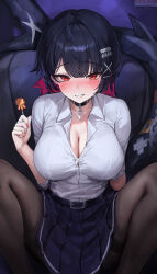 Rule 34 | 1girl, absurdres, belt, black belt, black choker, black hair, black pantyhose, blue skirt, blush, breasts, candy, choker, cleavage, clenched teeth, colored inner hair, ellen joe, ellen joe (on campus), fins, fish tail, food, highres, holding, holding candy, holding food, holding lollipop, indoors, large breasts, lillly, lollipop, looking at viewer, mole, mole under eye, multicolored hair, open mouth, pantyhose, pleated skirt, red eyes, red hair, red nails, shark girl, shark tail, shirt, short hair, skirt, solo, tail, teeth, white shirt, zenless zone zero