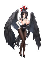 1girl absurdres alternate_costume bare_shoulders black_bow black_bowtie black_footwear black_leotard black_pantyhose black_wings blue_archive bow bowtie breasts closed_mouth commentary detached_collar elbow_gloves full_body gloves hair_between_eyes halo hand_on_own_chest hand_on_own_hip hasumi_(blue_archive) highleg highleg_leotard highres large_breasts leotard long_hair looking_at_viewer low_wings pantyhose playboy_bunny ponytail raurashun red_eyes red_halo solo standing thighs very_long_hair white_gloves wings