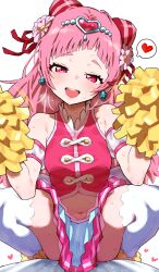 1girl arched_bangs armband blunt_bangs cone_hair_bun cure_yell double_bun earrings flower flower_earrings hair_bun hair_flower hair_ornament hair_ribbon heart heart_in_eye highres hugtto!_precure jewelry light_blush long_hair looking_at_viewer magical_girl mo_(boo1719501boo) motion_lines navel nono_hana open_mouth pink_armband pink_flower pink_hair pink_shirt pink_skirt pleated_skirt pom_pom_(cheerleading) precure red_ribbon ribbon shirt sidelocks skirt sleeveless sleeveless_shirt smile solo speech_bubble spoken_heart squatting stomach sweat symbol_in_eye teeth thighhighs two-tone_armband two-tone_skirt upper_teeth_only white_armband white_background white_skirt white_thighhighs