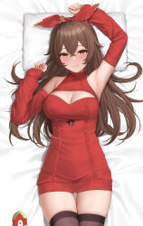 1girl :3 absurdres amber_(genshin_impact) arm_up armpits bare_shoulders bed_sheet breasts brown_eyes brown_hair brown_thighhighs cable_knit cleavage cleavage_cutout closed_mouth clothing_cutout commentary commission dakimakura_(medium) detached_sleeves dress genshin_impact hair_between_eyes hair_ribbon hand_up highres keine09 large_breasts long_hair long_sleeves looking_at_viewer lying on_back pillow red_sleeves red_sweater ribbed_sleeves ribbed_sweater ribbon sleeveless sleeveless_dress smile solo sweater sweater_dress thighhighs tongue tongue_out zettai_ryouiki