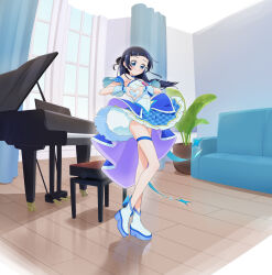 1girl absurdres aokaze_nana arched_bangs armpits bad_tag bare_legs bare_shoulders blue_boots blue_bow blue_dress blue_eyes blue_hair blue_wrist_cuffs boots bow brooch bubble_skirt choker closed_mouth collar commentary cosplay couch cure_wink cure_wink_(cosplay) curtains detached_collar detached_sleeves dress full_body grand_piano hair_bun hair_ornament heart heart_brooch heart_hands highres idol_heart_brooch indoors instrument jewelry kimi_to_idol_precure knee_up long_hair looking_at_viewer magical_girl piano plaid_bow plaid_clothes plaid_dress plaid_sleeves plant pleated_dress potted_plant precure reflective_floor ribbon_choker self_cosplay single_hair_bun skirt smile solo split_mouth standing stool straight_hair strapless strapless_dress thigh_strap tiler_(tiler00) white_collar window wrist_cuffs x_hair_ornament