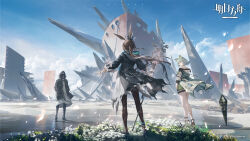 1other 2girls amiya_(arknights) amiya_(medic)_(arknights) animal_ears arknights black_coat black_pantyhose blue_sky brown_hair cat_ears cat_girl chain cloud coat commentary_request copyright_name doctor_(arknights) dress falling_petals flower from_behind green_dress grey_hair hand_in_pocket highres hood hood_up hooded_coat jewelry kal&#039;tsit_(arknights) long_hair multiple_girls multiple_rings off-shoulder_dress off-shoulder_jacket off_shoulder official_art outdoors pantyhose petals ponytail rabbit_ears rabbit_girl ren_(gh) ring ship short_hair sky standing water watercraft wide_shot