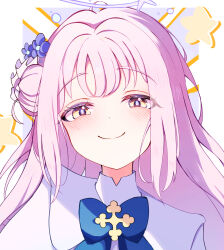 Rule 34 | 1girl, blue archive, blush, closed mouth, commentary request, flower, hair bun, hair flower, hair ornament, halo, highres, kinako (kinako0x), long hair, looking at viewer, mika (blue archive), pink hair, portrait, purple halo, single side bun, smile, solo, star (symbol), straight-on, yellow eyes
