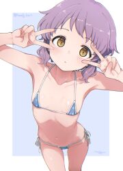 1girl absurdres armpits bare_shoulders bikini blue_background blue_bikini blush border collarbone cowboy_shot dot_nose double_v expressionless eyelashes flat_chest from_below groin halterneck hands_up highres idolmaster idolmaster_million_live! idolmaster_million_live!_theater_days komodj looking_at_viewer makabe_mizuki micro_bikini navel outside_border parted_lips purple_hair ribs short_hair side-tie_bikini_bottom sidelocks signature skinny solo standing swimsuit twitter_username v wavy_hair white_border yellow_eyes