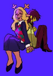 1girl 1other absurdres animal_ears antlers black_skirt blonde_hair brown_hair brown_pants buck_teeth checkered_clothes checkered_sweater_vest checkered_vest closed_eyes colored_skin commentary_request deer_antlers deer_ears deer_girl deer_tail deltarune freckles from_side furry furry_female green_sweater hand_on_own_chest highres holding_hands hooves horns kris_(deltarune) long_hair long_skirt long_sleeves no_eyes noelle_holiday open_mouth other_with_female pants red_nose reindeer_girl shaded_face skirt smile striped_clothes striped_sweater sweat sweater tail teeth two-tone_sweater_vest uranagi_(uranaginasi) vest yellow_skin