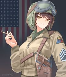 Rule 34 | 1girl, 3rd armored divsion, absurdres, american flag, american flag background, arm up, artist name, brown hair, brown jacket, cigarette, commentary, flag background, goggles, goggles on headwear, green hat, green shirt, gun, handgun, hat, helmet, highres, historical american flag, holding, holding cigarette, holster, jacket, leochan1202, long sleeves, looking at viewer, m1911, military, military rank insignia, military uniform, original, patch, shirt, short hair, shoulder holster, shoulder patch, smile, solo, tank helmet, unit patch, united states army, upper body, weapon, world war ii, yellow eyes