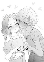 2girls :&lt; blush bow commentary earrings ebizuka_tomo girls_band_cry greyscale hair_between_eyes hair_bow heart heart_hands heart_hands_duo highres jewelry long_hair_between_eyes lwmina70119 mole mole_under_eye monochrome multiple_girls off-shoulder_shirt off_shoulder rupa_(girls_band_cry) shirt shirt_tucked_in short_hair short_sleeves stud_earrings upper_body yuri