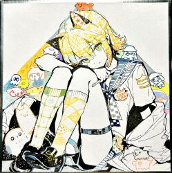Rule 34 | 1girl, absurdres, animal ears, blonde hair, cat ears, full body, highres, holding, kikihuihui, kneehighs, knees up, looking at viewer, original, sailor collar, sailor shirt, shikishi, shirt, shoes, short sleeves, sitting, socks, thigh strap, traditional media