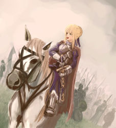 00s armor army artoria_pendragon_(fate) blonde_hair blue_eyes caliburn_(fate) cape fate/stay_night fate_(series) fighting_stance gauntlets greaves horse horseback_riding king koromoya polearm ready_to_draw ribbon riding saber_(fate) sheath sheathed sitting soldier solo spear stirrups_(riding) sword war weapon