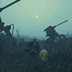 1boy 1other black_jacket child coat grass gun haze highres hood hood_up jacket leather leather_jacket non-humanoid_robot open_clothes open_jacket outdoors robot science_fiction simon_stalenhag sun the_labyrinth weapon yellow_coat