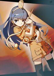 1girl absurdres belt black_thighhighs blue_eyes blue_hair brown_belt buttons closed_mouth collared_shirt cowboy_shot earrings facial_mark favnvs_(s910a_ib6) fossilized_wonders gold_hairband hair_ornament hairband hands_up headpiece highres hime_cut holding holding_polearm holding_weapon jewelry key_earrings long_hair looking_at_viewer michigami_nareko orange_shirt orange_shorts pocket polearm shirt short_sleeves shorts smile solo standing thighhighs touhou weapon