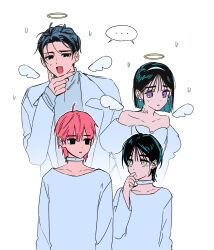 Rule 34 | ..., 1girl, 3boys, alien stage, black eyes, black hair, bob cut, choker, dress, earrings, fang, finger in own mouth, hairband, halo, hand on own chin, highres, ivan (alien stage), jewelry, kyon (zmwh8222), medium hair, mini wings, multiple boys, neck tattoo, open mouth, pink hair, purple eyes, red pupils, shirt, short hair, small sweatdrop, spoken ellipsis, sua (alien stage), tattoo, traditional halo, white choker, white dress, white hairband, white shirt, white wings, wings, yellow eyes