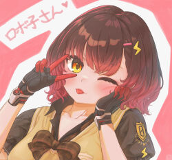 ;p absurdres android asymmetrical_bangs black_shirt bob_cut bow bowtie brown_bow brown_bowtie brown_hair character_name cheek_press closed_mouth collarbone colored_tips commentary hair_ornament hairpin hand_on_own_cheek hand_on_own_face hands_up hashtag-only_commentary head_rest heart highres hololive lightning_bolt lightning_bolt_hair_ornament lightning_bolt_symbol looking_at_viewer mechanical_hands multicolored_hair one_eye_closed paratchyo pink_background plaid_bow plaid_bowtie plaid_clothes portrait puffy_short_sleeves puffy_sleeves red_hair roboco-san roboco-san_(11th_costume) shirt short_hair short_sleeves solo sweater_vest symbol-only_commentary tongue tongue_out v v_over_eye virtual_youtuber yellow_eyes yellow_sweater_vest