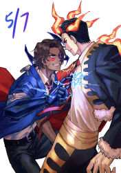 Rule 34 | 2boys, absurdres, aedd (e.g.o), black hair, black jacket, black pants, blue coat, brown hair, cape, capote (e.g.o), closed mouth, coat, collared shirt, dark-skinned male, dark skin, dated, e.g.o (project moon), electricity, fiery horns, fur trim, heart, heathcliff (project moon), highres, horns, jacket, killerohan, limbus company, long sleeves, looking at another, male focus, meursault (project moon), multiple boys, nail (hardware), necktie, pants, project moon, purple eyes, red cape, red eyes, red necktie, scar, shirt, short hair, simple background, standing, upper body, white shirt