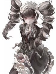 1girl absurdres black_hair black_jacket black_nails celestia_ludenberg cowboy_shot cup danganronpa:_trigger_happy_havoc danganronpa_(series) drill_hair earrings frilled_jacket frills gothic_lolita hairband highres holding holding_cup jacket jewelry layered_skirt lolita_fashion lolita_hairband long_hair long_sleeves looking_at_viewer necktie red_eyes red_necktie simple_background skirt solo tea teacup twin_drills twintails white_background wu_you_niao