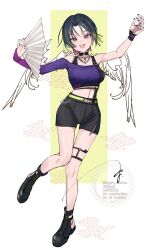 Rule 34 | 1girl, :d, absurdres, arms up, bare shoulders, black boots, black hair, black shorts, blush, boots, brown eyes, crop top, cropped shirt, full body, green ribbon, hair ribbon, hand fan, hashtag-only commentary, highres, holding, holding fan, jewelry, lace-up boots, looking at viewer, necklace, nijisanji, off-shoulder shirt, off shoulder, ogura tubuan, open mouth, parted bangs, purple shirt, ribbon, shirt, short hair, shorts, single sleeve, smile, solo, standing, thigh strap, virtual youtuber, yamagami karuta