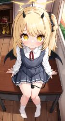 1girl absurdres asymmetrical_hair black_horns black_ribbon black_tail black_wings blonde_hair blue_archive blue_dress classroom closed_mouth collared_shirt commentary comodox demon_girl demon_horns demon_tail demon_wings desk dress english_commentary flat_chest full_body hair_ribbon halo highres horns ibuki_(blue_archive) indoors large_variant_set long_sleeves neck_ribbon on_desk paid_reward_available pinafore_dress red_ribbon ribbon shirt side_ponytail sitting sleeveless sleeveless_dress socks solo tail variant_set white_shirt white_socks wings yellow_eyes yellow_halo
