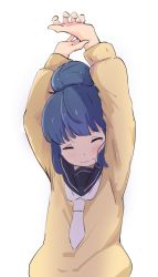 1girl blue_hair blue_sailor_collar closed_mouth closed_eyes female_focus hair_bun murairamuraiari sailor_collar school_uniform shima_rin shirt sidelocks simple_background solo stretching white_background white_neckwear yellow_shirt yurucamp