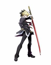 1boy belt blazblue blazblue:_cross_tag_battle blonde_hair buckle full_body hand_on_own_hip highres higuchi_konomi katana kido_hyde looking_at_viewer male_focus multicolored_hair multiple_belts necktie official_art red_eyes red_necktie school_uniform simple_background solo spiked_hair sword two-tone_hair under_night_in-birth weapon white_background