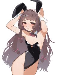 1girl absurdres animal_ear_hairband animal_ears black_leotard blunt_bangs blunt_tresses bonnou_peace bow bowtie breasts brown_hair cowboy_shot detached_collar fake_animal_ears hairband highres leotard long_hair original playboy_bunny rabbit_ears rabbit_pose red_bow red_bowtie red_eyes simple_background small_breasts solo strapless strapless_leotard white_background wrist_cuffs