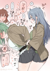 Rule 34 | 3girls, blue eyes, blue hair, blush, breasts, brown hair, closed eyes, dry humping, eria (yu-gi-oh!), female orgasm, from behind, green hair, hair ribbon, hiita, hiita (yu-gi-oh!), hug, hug from behind, humping, implied futanari, implied sex, large breasts, long hair, multiple girls, open mouth, orgasm, ponytail, ribbon, sex, sex from behind, shinjiro, short hair, skirt, smile, tongue, tongue out, translation request, uncommon stimulation, womb massage, wynn (yu-gi-oh!), yu-gi-oh!, yuri