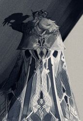1boy animal animal_on_arm arm_up bird bird_on_arm cape capitano_(genshin_impact) commentary from_behind fur_trim genshin_impact hashtag-only_commentary helmet male_focus open_mouth ornate_clothes s1n_1o8 solo standing