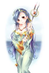 1girl bare_shoulders breasts chrono_cross cleavage collarbone dress eyeshadow female_focus flower from_side green_dress hair_ornament headpiece highres jewelry long_hair looking_at_viewer makeup necklace pearl_necklace purple_hair red_eyes ribbon riddel smiley_face snake snake_hair_ornament solo tamichan very_long_hair