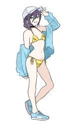 1girl baseball_cap bikini black_choker blue_jacket blue_shoes breasts chainsaw_man choker commentary derivative_work english_commentary full_body gold_bikini green_eyes grin hair_between_eyes hat highres jacket navel purple_hair reze_(chainsaw_man) shoes side-tie_bikini_bottom simple_background small_breasts smile solo standing swimsuit teeth thebabalgam white_background white_hat