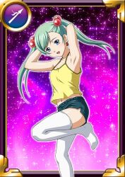 1girl aqua_hair arms_up bare_arms bare_shoulders blue_hair card_(medium) female_focus flat_chest hair_bobbles hair_ornament ikkitousen long_hair looking_at_viewer magatama navel no_shoes open_mouth shokatsuryou_koumei shorts solo standing standing_on_one_leg swept_bangs thighhighs white_thighhighs
