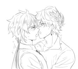 2boys blush french_kiss genshin_impact gils3105 greyscale image_sample kiss monochrome multiple_boys open_mouth pixiv pixiv_sample saliva saliva_trail tartaglia_(genshin_impact) tongue tongue_out white_background yaoi zhongli_(genshin_impact)