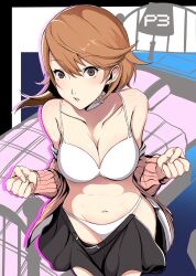 1girl bare_shoulders bed black_skirt bra breasts brown_eyes brown_hair cardigan choker cleavage clenched_hands commentary_request cowboy_shot desk_lamp earrings hair_between_eyes heart heart_choker highres indoors jewelry lamp large_breasts light_blush long_sleeves looking_at_viewer midriff navel nenemu0 open_cardigan open_clothes open_shirt panties parted_lips pearl_earrings persona persona_3 pink_cardigan shirt short_hair skirt solo stomach stud_earrings sweat sweatdrop swept_bangs takeba_yukari underwear undressing white_bra white_choker white_panties white_shirt