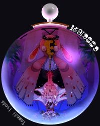 1girl bird black_background blindfold cape crystal_ball cuckoo doppel_(madoka_magica) giovanna_(madoka_magica) long_hair madoka_runes magia_record:_mahou_shoujo_madoka_magica_gaiden mahou_shoujo_madoka_magica pink_hair shironeko222 solo tamaki_iroha