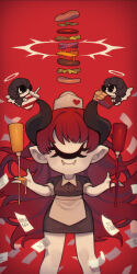 3girls angel_wings apron black_hair breasts burger cheese colored_skin commentary cup cyclops demon_girl demon_horns disposable_cup dress english_commentary fangs food french_fries halo hat highres horns ketchup ketchup_bottle lettuce long_hair medium_breasts mixed-language_commentary multiple_girls mustard mustard_bottle one-eyed onion original pantyhose pickle pointy_ears red_hair short_dress very_long_hair waist_apron waitress white_pantyhose white_skin wings zombiemiso