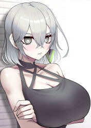 1girl absurdres arms_under_breasts bare_shoulders black_shirt breasts cleavage cotan_(actancyaga) diabellstar_the_black_witch duel_monster earrings grey_background grey_eyes grey_hair highres huge_breasts jewelry medium_hair shirt simple_background single_earring solo upper_body yu-gi-oh!