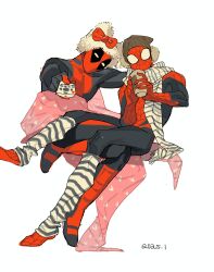 2boys black_bodysuit blanket bodysuit bow brown_hat controller covered_collarbone cup dated deadpool deadpool_(series) fang_wo_zou_aaaaaa full_body hands_up hat hat_with_ears heart heart_print highres holding holding_cup holding_remote_control leg_warmers male_focus marvel multiple_boys pom_pom_(clothes) red_bodysuit red_bow remote_control scarf simple_background sitting spider-man spider-man_(series) spider_web_print striped_clothes striped_scarf superhero_costume two-tone_bodysuit white_background white_hat white_scarf
