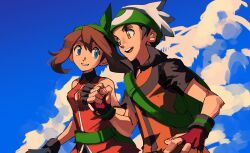 1boy 1girl absurdres bandana beanie black_gloves black_hair blue_eyes brendan_(pokemon) brown_eyes brown_hair fanny_pack fingerless_gloves gloves green_bag green_bandana hat highres jacket kendy_(revolocities) may_(pokemon) nintendo orange_jacket pokemon pokemon_emerald pokemon_rse red_gloves shirt sleeveless sleeveless_shirt white_hat