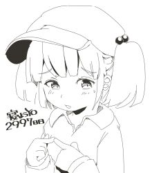 1girl blush cactas7 finger_touching flat_cap greyscale hair_bobbles hair_ornament hat highres kawashiro_nitori long_sleeves looking_at_viewer monochrome nervous nervous_sweating open_mouth simple_background solo sweat touhou upper_body
