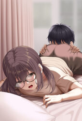 1boy 1girl ass bed black_hair blush brown_hair curtains glasses grabbing_another&#039;s_ass grey_eyes groping gym_uniform huyumitsu lying on_stomach open_mouth original pillow shirt twintails white_shirt