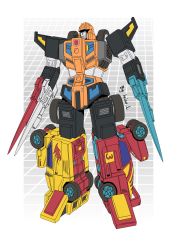 absurdres arm_blade artist_name autobot big_motorvator blue_eyes highres insignia looking_to_the_side luisu_l mecha no_humans robot science_fiction solo transformers weapon wheel