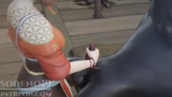 1boy 1girl 3d animated black_skin black_gloves black_skin breasts bucket cleavage clothed_female_nude_male colored_skin cum cum_in_bucket cum_in_container cum_in_mouth cum_on_tongue dark-skinned_male dark_skin ejaculation female_pov fingerless_gloves genshin_impact gloved_handjob gloves handjob highres hilichurl_(genshin_impact) interspecies kneeling licking_cum mihoyo nude penis pov sleeping sodeno19 sound tagme video yoimiya_(genshin_impact)