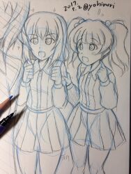 Rule 34 | 1girl, 2girls, black hat, black jacket, black skirt, blue eyes, brown hair, garrison cap, girls und panzer, girls und panzer phase erika, grey shirt, hair tie, hat, highres, itsumi erika, jacket, kuromorimine military uniform, kuromorimine school uniform, long hair, miniskirt, multiple girls, orange hair, red skirt, rou leila, school uniform, shirt, skirt, twintails, yohinori