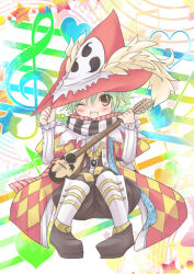 Rule 34 | 1boy, :d, argyle clothes, argyle coat, baggy pants, black pants, black scarf, black shoes, black vest, blue scarf, brown eyes, coat, commentary request, full body, green hair, heart, holding, holding instrument, instrument, looking at viewer, lute (instrument), male focus, minstrel (ragnarok online), musical staff, one eye closed, open mouth, pants, ragnarok online, red coat, red scarf, scarf, shoes, short hair, sitting, smile, solo, striped clothes, striped scarf, vest, white background, white scarf, yoru nagatsuki