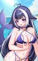 1girl absurdres ahoge aki_hoshino artist_name belt belt_collar bikini black_hair body_markings breasts cetacean_tail cleavage cloud collar collarbone facial_mark fins fish_tail heart heart_ahoge heart_o-ring highres indie_virtual_youtuber long_hair multicolored_hair navel o-ring o-ring_top open_mouth orca_girl purple_belt purple_bikini purple_eyes shrimp shylily shylily_(bikini) sky smile solo streaked_hair swimsuit tail virtual_youtuber wet white_hair