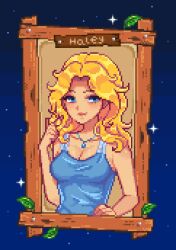 Rule 34 | 1girl, bare arms, bare shoulders, blonde hair, blue camisole, blue eyes, breasts, camisole, character name, cleavage, haley (stardew valley), hand on own hip, highres, jewelry, large breasts, lips, long hair, mimpish, necklace, parted hair, pixel art, smile, solo, stardew valley, upper body, wooden frame