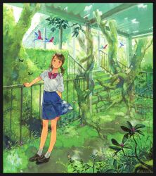 1girl :d ankle_socks bird bow bowtie brown_eyes brown_hair bug butterfly collared_shirt flower foliage hand_on_railing insect loafers looking_at_viewer low_twintails making-of_available moss nature open_mouth original overgrown parrot plant_roots pleated_skirt railing scenery school_uniform shirt shoes short_sleeves short_twintails skirt smile socks solo stairs tree twintails yuu_(mol)