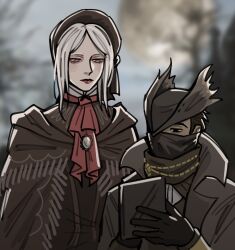 1boy 1girl :| ascot bloodborne blurry blurry_background bonnet brown_corset brown_hair closed_mouth coat corset derivative_work double-parted_bangs fringe_trim gloves hat high_collar holding hunter_(bloodborne) jewelry lipstick looking_down makeup mask meme mouth_mask photo-referenced plain_doll red_ascot ribbon shawl short_hair sidelocks size_difference tall_female torn_clothes trench_coat tricorne unamused upper_body valdotpng white_hair